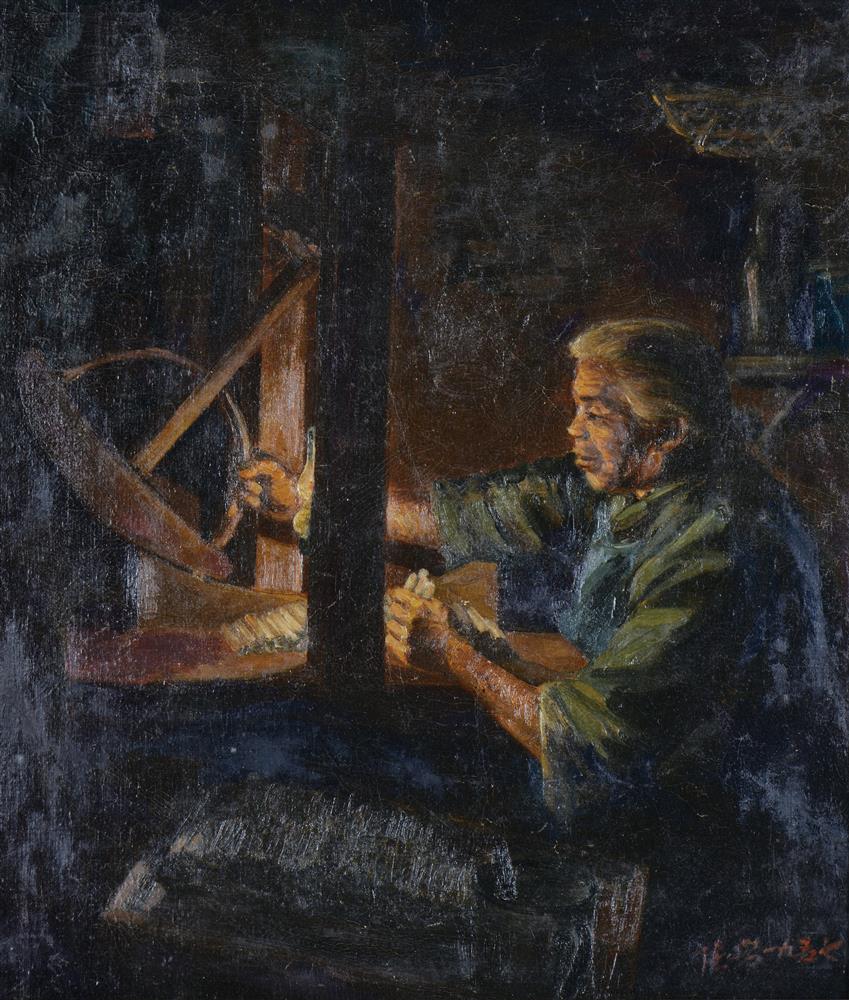 <p>黯淡的晚年<br />
布本油畫<br />
63.5 x 55 cm<br />
1957<br />
<br />
20世紀50年代後期,炮竹業仍是澳門最重要的製造業。常有婦孺在家搓炮、鑿炮、擯炮,掙取微薄收入,幫補家用。《黯淡的晚年》中,飽歷滄桑的老嫗在夜深人靜時仍在煤油燈下專心搓炮,為生活而忙碌。厚重的黑色雖然詮釋著令人感慨的意味,但燈光卻點亮了整個畫面的視覺。</p>
<p> </p>