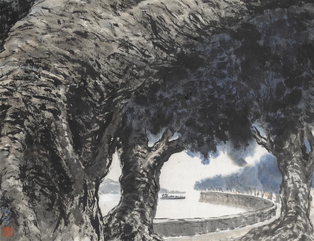 <p>西灣堤畔<br />
紙本設色鏡片<br />
60.3 x 75.8 cm<br />
1982<br />
<br />
《西灣堤畔》令人看到榕樹幹上出色且有創意的皴法,構圖新穎且富現代性。</p>