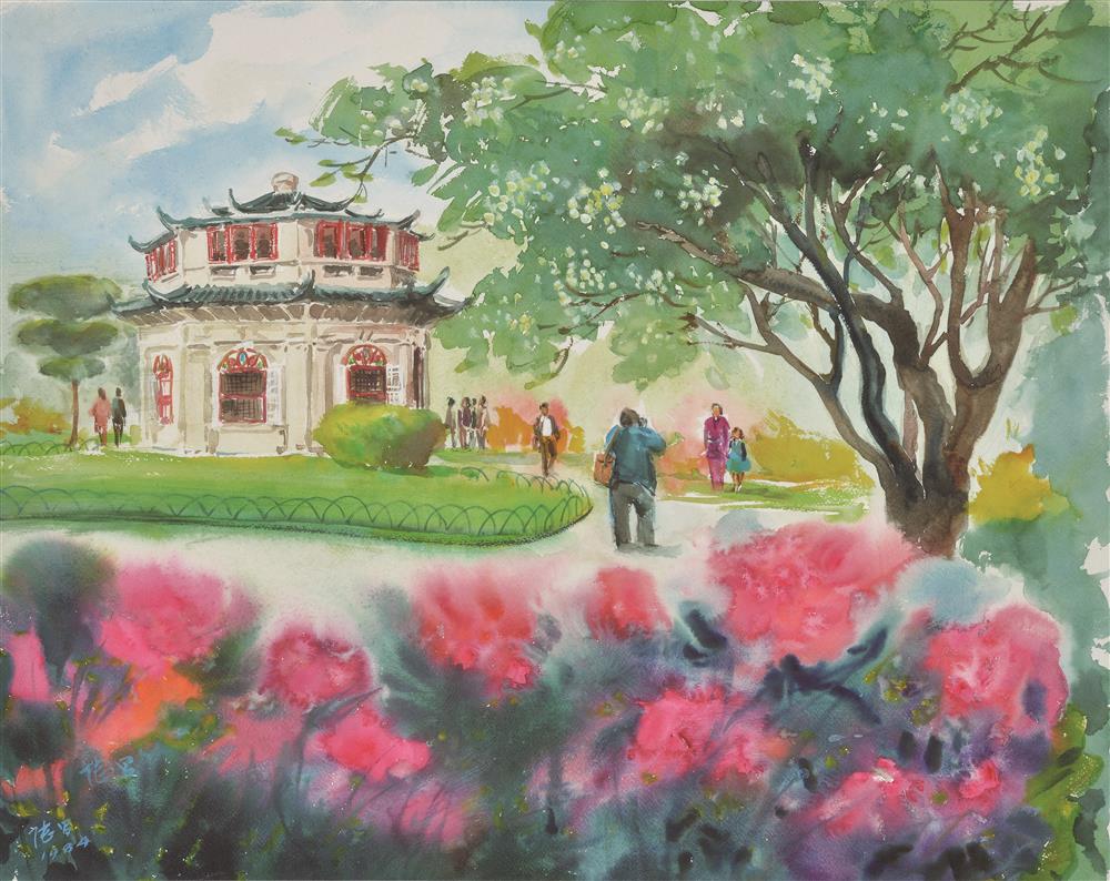 <p>八角亭圖書館<br />
紙本水彩<br />
56 x 71 cm<br />
1984<br />
<br />
陸昌這幅水彩畫,透過豐富的筆觸及色調,水色淋漓地展現了八角亭圖書館附近春意盎然的花圃景緻。</p>
