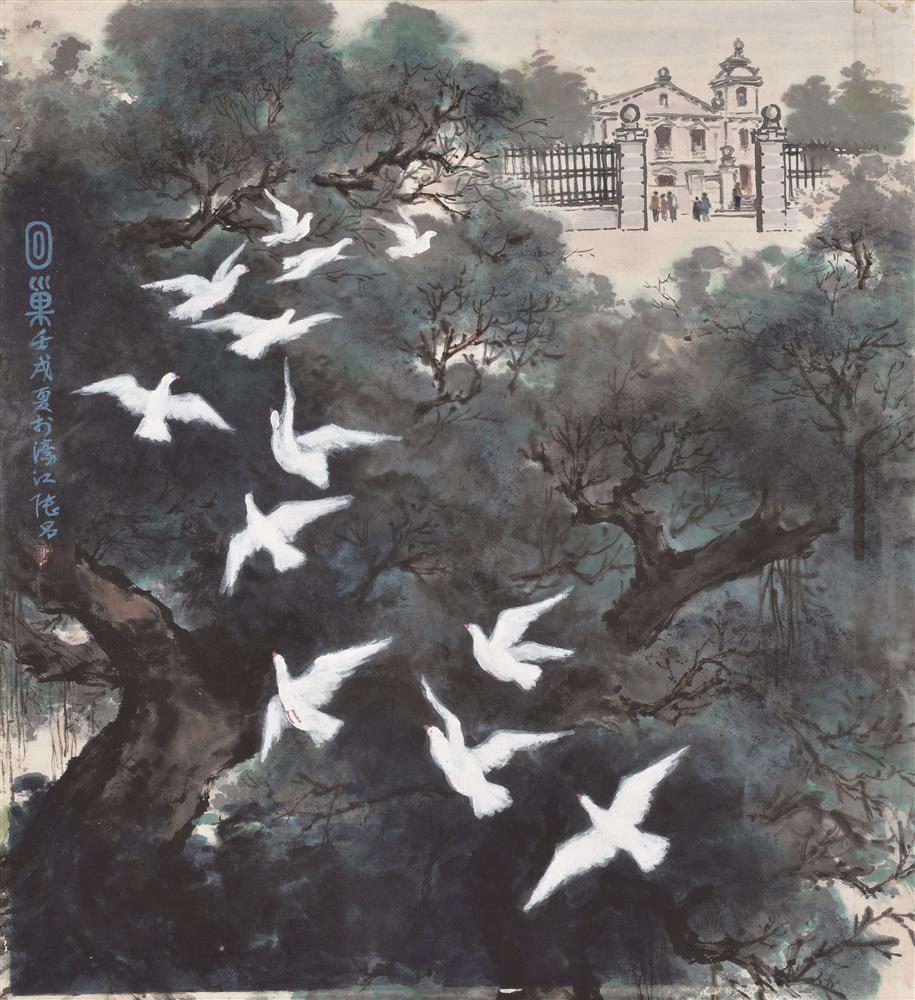 <p>回巢<br />
紙本設色鏡片<br />
66.5 x 61.4 cm<br />
1994<br />
<br />
作品《回巢》注重畫面的內涵。畫面右上角畫的雖是聖安多尼堂,但突出了一群飛歸林中的白鴿,呼應毗連的白鴿巢公園,亦寓意澳門早日回歸祖國。技法上,在榕樹葉部分,墨與色的大面積渲染與濃點相結合的同時,保持了中國畫墨色透明的特點。</p>
<p> </p>