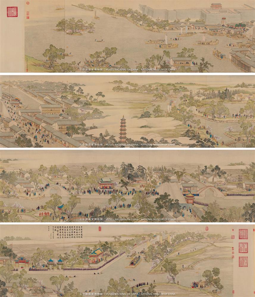 <p>《乾隆南巡圖》是描繪乾隆十六年清高宗乾隆帝第一次南巡江浙的巨幅歷史畫卷。這次南巡歷時 112 天,行程 5800 餘里。徐揚奉命以“御製詩意為圖”,共計 12 卷。全圖以中國畫傳統寫實手法,將詩、書、畫三者相結合,描繪了乾隆初下江南,省方問俗、察吏安民、視察河工、檢閱師旅、祭祀禹陵和遊覽湖山名勝的情景,同時也描繪了錦繡江山和士農工商、官民人等的風情世態,真實反映了 18 世紀中葉中國政治、經濟、文化的社會風貌,堪稱繪畫傑作。</p>
<p>第七卷主要描繪清乾隆十六年二月二十七日乾隆帝自吳江南斗圩水大營起行,經平望鎮、吉慶寺,到王江涇進入浙江嘉興府秀水縣境的情景,圖卷畫出了江南名勝嘉興南湖煙雨樓之美景。</p>
<p>**********</p>
<p>乾隆南巡圖(第七卷)入浙江境到嘉興煙雨樓</p>
<p>徐揚</p>
<p>清乾隆三十六年至清乾隆四十一年</p>
<p>紙本設色手卷</p>