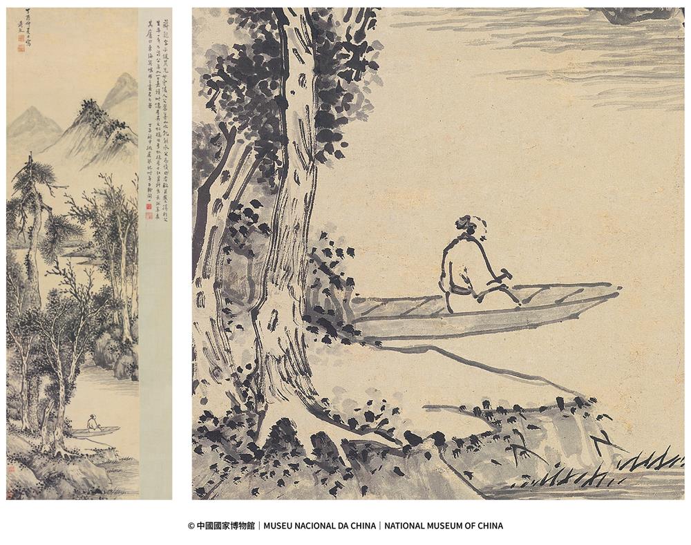 <p>夏天,是“臥遊”的清涼。</p>
<p>蔣乾的《山水圖》像一陣穿林而過的涼風。畫用三遠法,層層推遠視野:近處一葉小舟浮於水面,舟中高士獨坐,視線投向無盡的遠方,不動聲色;中景松林與溪石交錯;遠方山巒隱現於雲霧之間,渺遠空靈。古人嚮往“書齋臥遊”,凝神片刻,便能神遊畫境,彷彿能忘卻窗外蟬噪,獨享這筆墨間的清氣。正如畫家本人隱居虹橋、不事權貴的選擇。</p>
<p>**********</p>
<p>山水圖</p>
<p>蔣乾</p>
<p>明萬曆二十五年(1597)</p>
<p>紙本水墨立軸</p>
<p>縱134.5釐米橫36釐米</p>