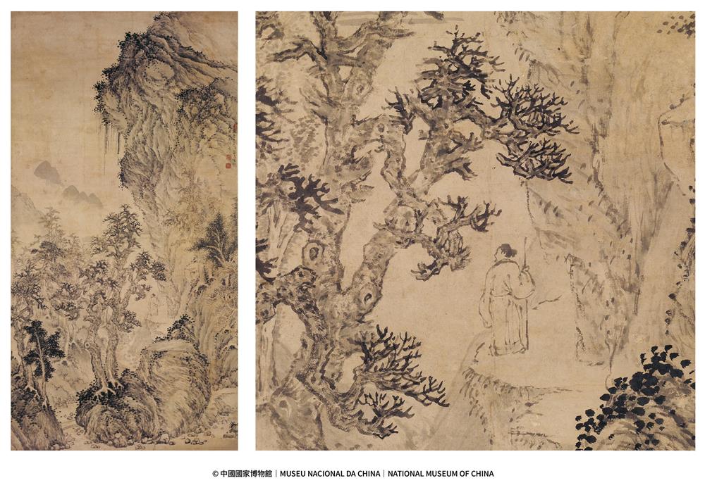 <p>冬天,是“回眸”的篤定。</p>
<p>張宏的《寒林策杖圖》裡,老者拄杖登山,寒風吹拂,他卻不急,走到山道轉角處,忽然停步回頭,望向密林深處。那一眼,像在確認甚麼,也像在告別。畫面雖冷,人的神態卻孤而不寂。此圖山水結構嚴謹,寫實性強,意境深遠高逸、山石有情、流水有聲,畫風清新自然。</p>
<p>********** </p>
<p>寒林策杖圖</p>
<p>張宏</p>
<p>清順治四年(1647)</p>
<p>紙本水墨立軸</p>
<p>縱217.3釐米橫111.8釐米</p>