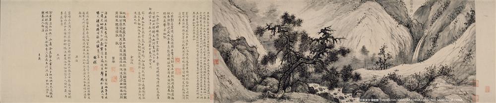 <p>📍 <strong>第二站:京津地區|王紱《北京八景圖》、弘旿《都畿水利圖》、錢維城《山水圖》冊</strong></p>
<p>明代北京旅遊清單早已定型。王紱扈從明成祖北巡後,在《北京八景圖》 “玉泉垂虹”、“金臺夕照”、“太液晴波”等北京八大景點,篆書標題配以七位翰林題詩,堪稱明代文人的遊京打卡標配。</p>
<p>**********</p>
<p>北京八景圖<br />
王紱<br />
明永樂十二年<br />
紙本水墨手卷</p>
