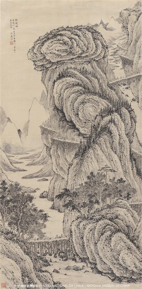 <p>📍 <strong>第七站:四川|戴晉《劍閣圖》、陳星《峨眉積雪圖》</strong></p>
<p>蜀道之難,難於上青天?戴晉的《劍閣圖》展現了四川北部劍閣古道的險峻:懸崖棧道、木橋飛跨。站在劍門關關樓俯瞰,李白詩句瞬間具象化。</p>
<p>**********</p>
<p>劍閣圖</p>
<p>戴晉</p>
<p>明崇禎十一年(1638)</p>
<p>紙本水墨立軸</p>