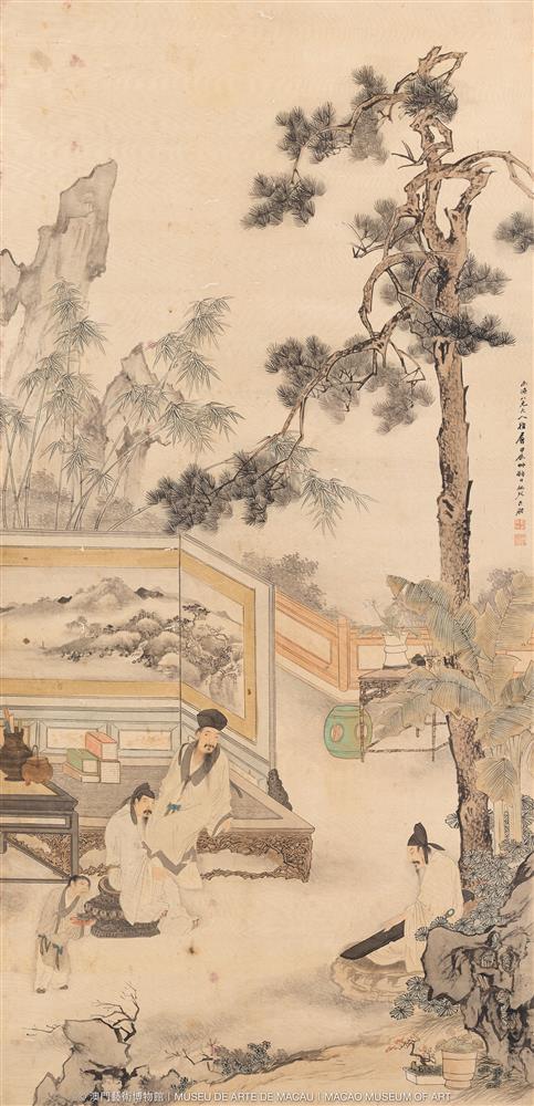 <p>蘇六朋<br />
聽琴圖軸<br />
209.5 × 101.2 cm<br />
澳門藝術博物館藏</p>