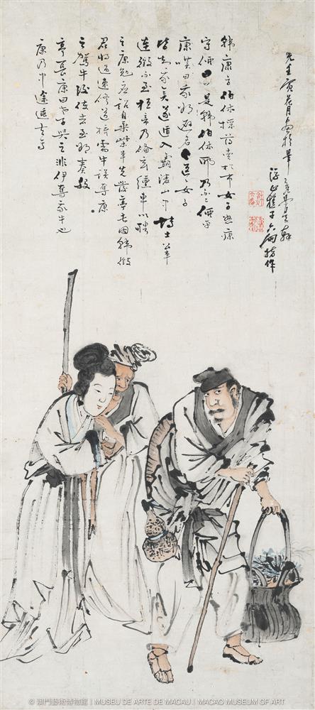 <p>蘇六朋<br />
韓康賣藥<br />
設色紙本立軸<br />
縱109.7釐米、橫49.6釐米<br />
1842<br />
澳門藝術博物館藏</p>
<p>以東漢名士韓康賣藥的典故為主題,塑造了一個不慕名利、淡泊明志的隱士形象。畫中提籃者為韓康,其旁為買藥者。韓康本以賣藥為隱居的一種方式,不想被女子認出,故表現出極為驚訝的神態。此圖是蘇六朋粗筆人物畫的代表作。</p>