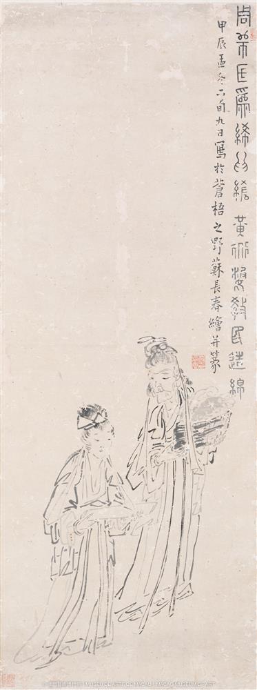 <p>蘇仁山</p>
<p>黃道婆傳藝<br />
水墨紙本立軸<br />
127 × 47 cm</p>
<p>澳門藝術博物館藏</p>
<p>款識︰<br />
周師氏為絺為纮,黃道婆教民造綿。<br />
甲辰孟冬下旬九日,寫於蒼梧之野,蘇長春繪並篆。<br />
蘇長春印(白文方印)<br />
仁山(白文長方印)</p>
<p>****************************<br />
“蘇仁山以畫仙、道、佛馳名,幾乎摒棄色彩渲染和水墨淋漓的手法。《黃道婆傳藝》畫中,與宋末元初著名的棉紡織家黃道婆相對的婦女,頭髮和臉以淡墨寥寥數筆寫出,僅以濃墨點睛,讓人見識他過人的概括能力。其在行筆上不見覆筆,衣紋用筆時見缺落。他以起訖自如、極見奔放且多變的線條,致力描畫古典人物的百態。”(陳繼春)</p>